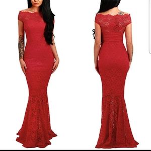 Red Off Shoulder Bardot Lace Evening Dress Gown